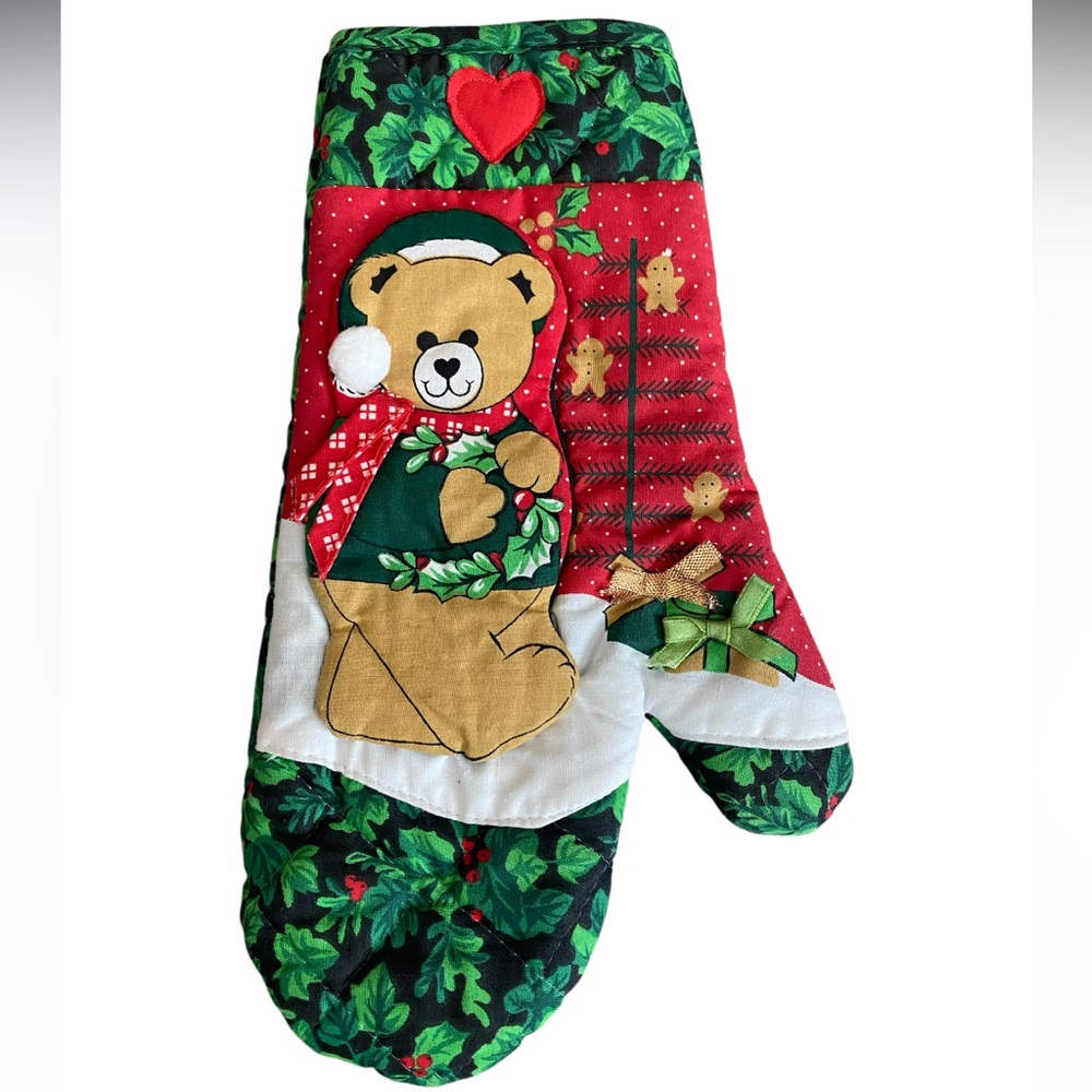 Christmas Bear and Poinsettia Oven Mitt